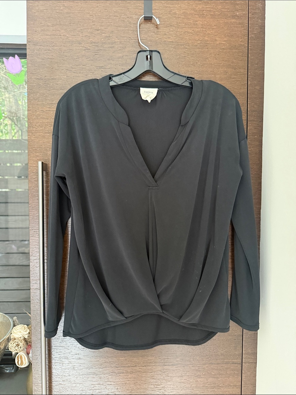 Black Twist-Front V-Neck Long Sleeve Blouse
